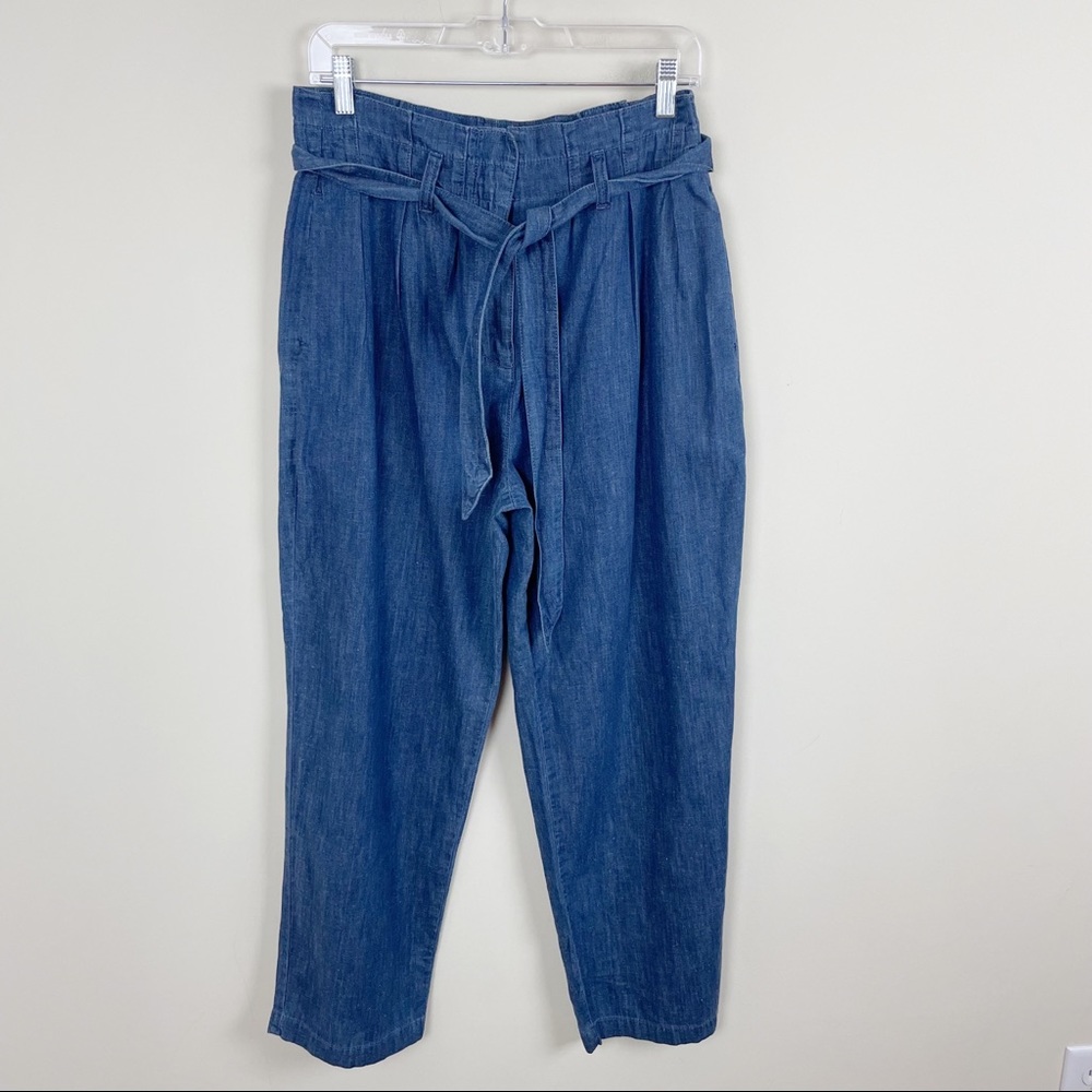 J.Crew Paper Bag Pant Blue Chambray Cropped Ankle Length Tie Waist Hemp Size 4